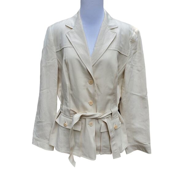 Talbots Linen Blend Beige Cream Off-white Peplum Blazer Jacket Belted Sz 14 - Picture 1 of 9